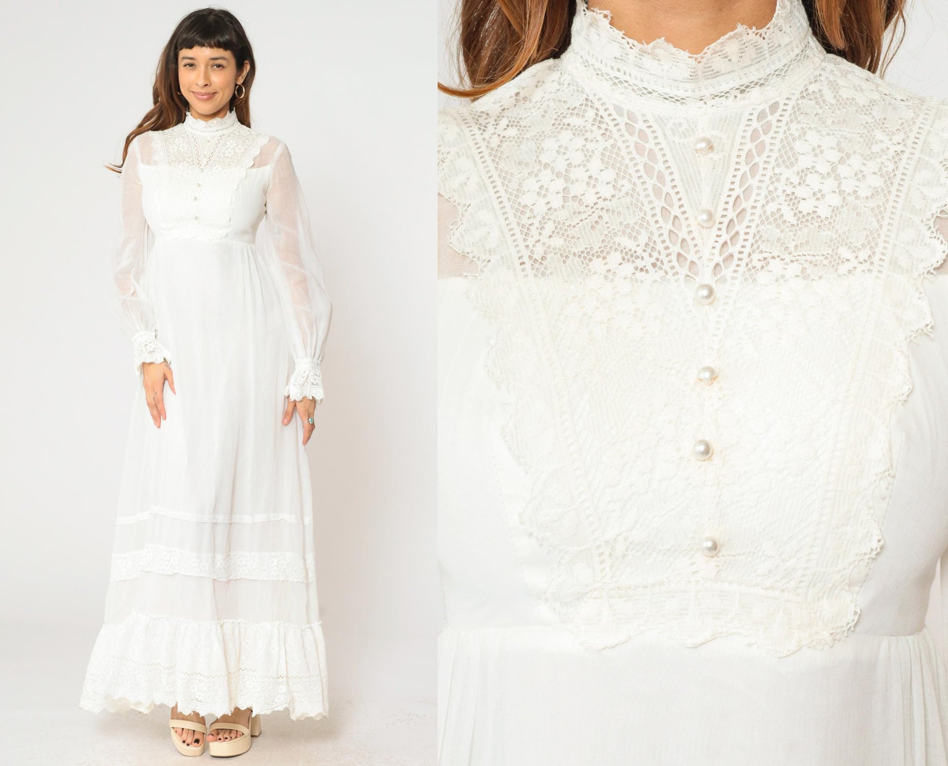 70s White Lace Wedding Dress Victorian Illusion Neckline Maxi Gown Small