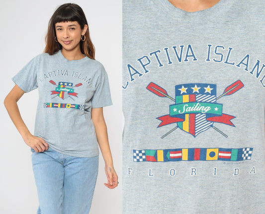 90s Captiva Island Florida Nautical Sailing Graphic T-Shirt Blue Medium