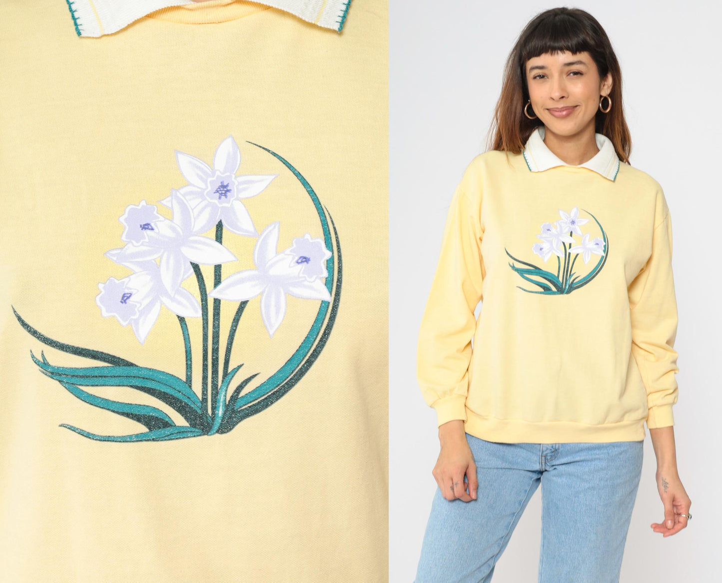 90s Yellow Floral Collared Sweatshirt Graphic Crewneck Medium M