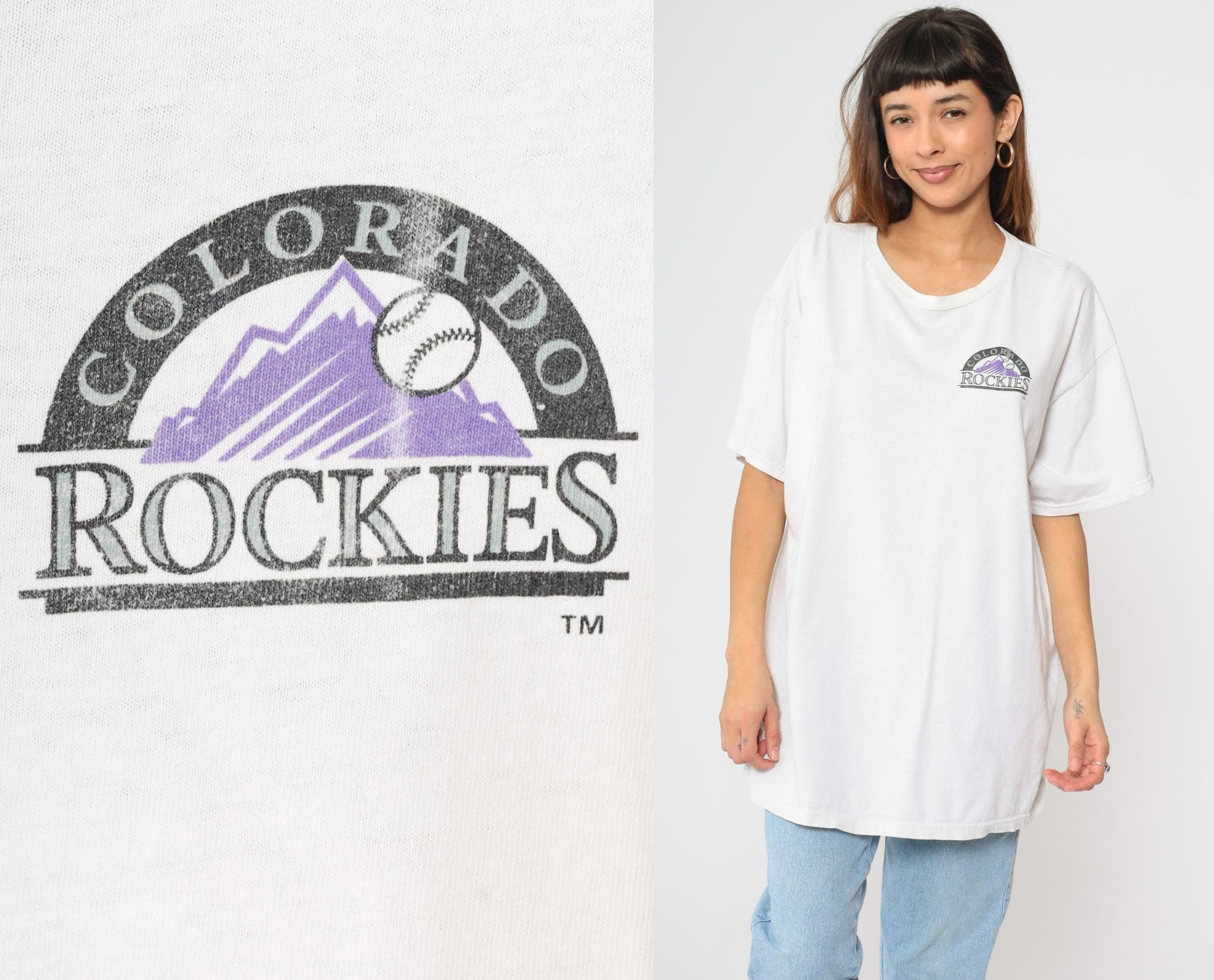 00s Colorado Rockies MLB Graphic T-Shirt White Cotton Crewneck Extra Large XL