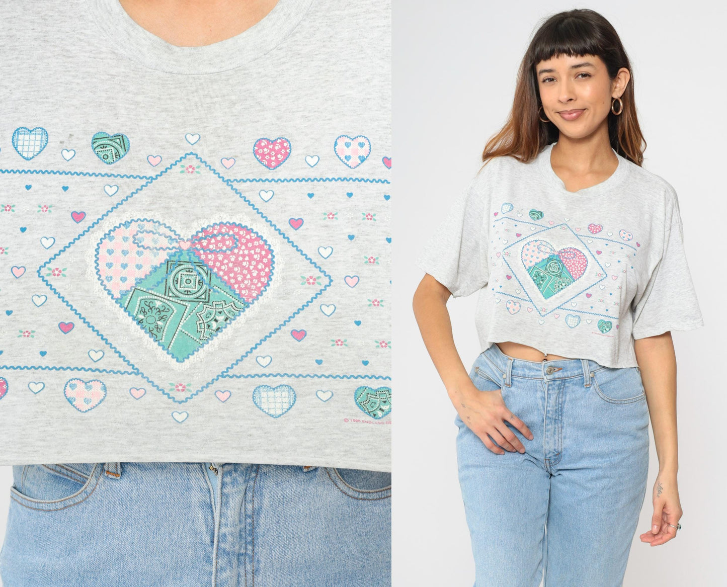 90s Jerzees Cropped Heart Patchwork T-Shirt Grey Graphic Tee Large L