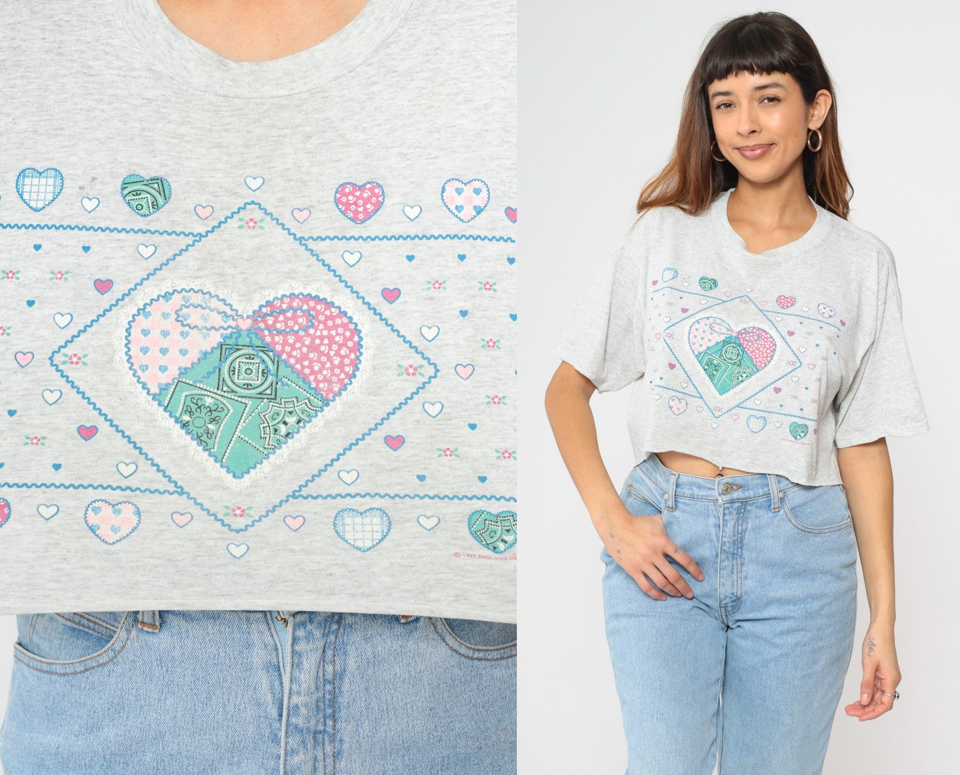 90s Jerzees Cropped Heart Patchwork T-Shirt Grey Graphic Tee Large L
