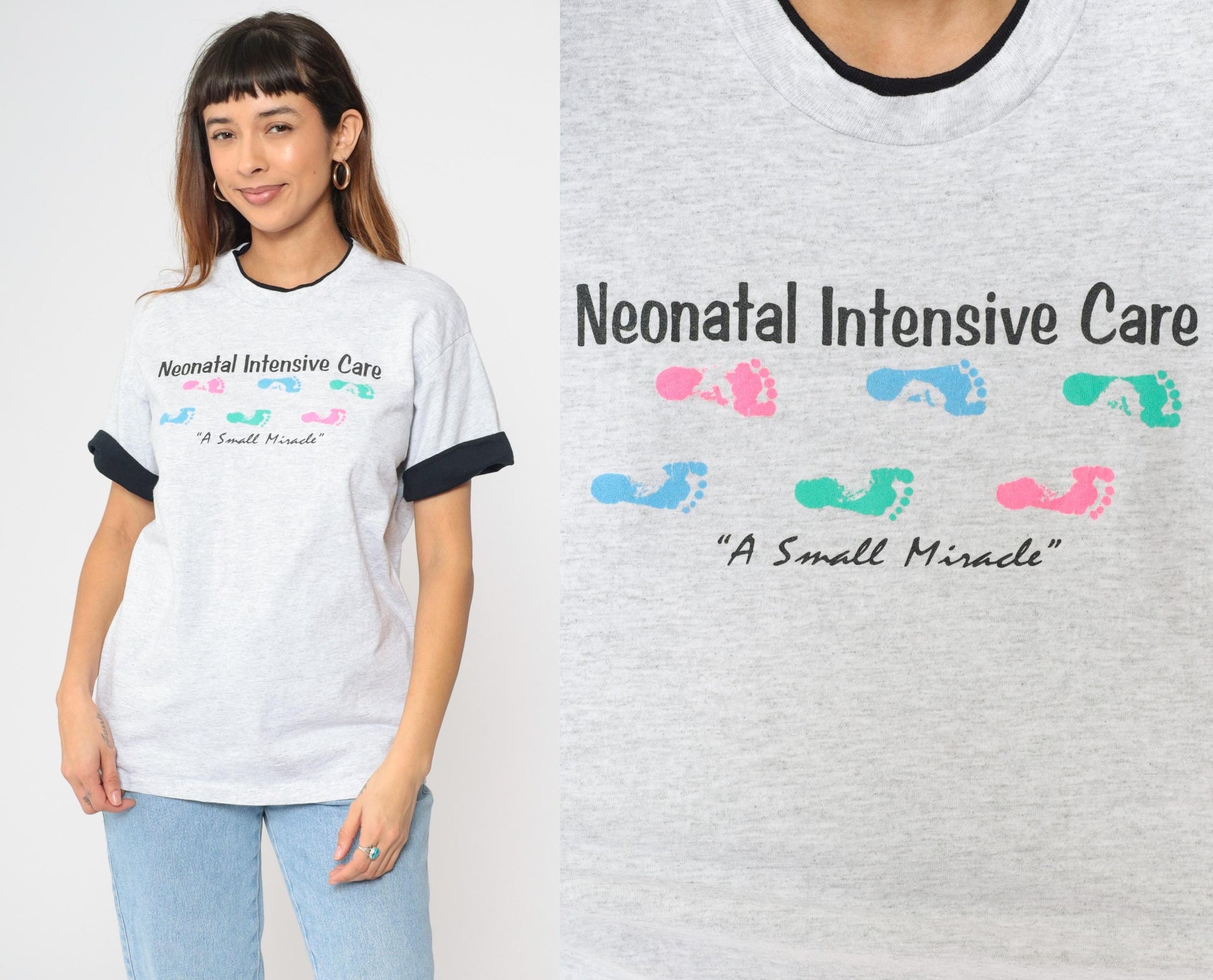90s Neonatal Intensive Care T-Shirt Grey Ringer Tee Baby Footprint Medium