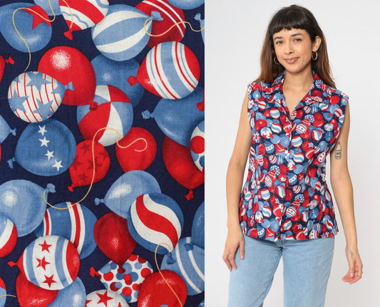 90s Patriotic Balloon Print Sleeveless Button-Up Shirt Red White Blue Large L