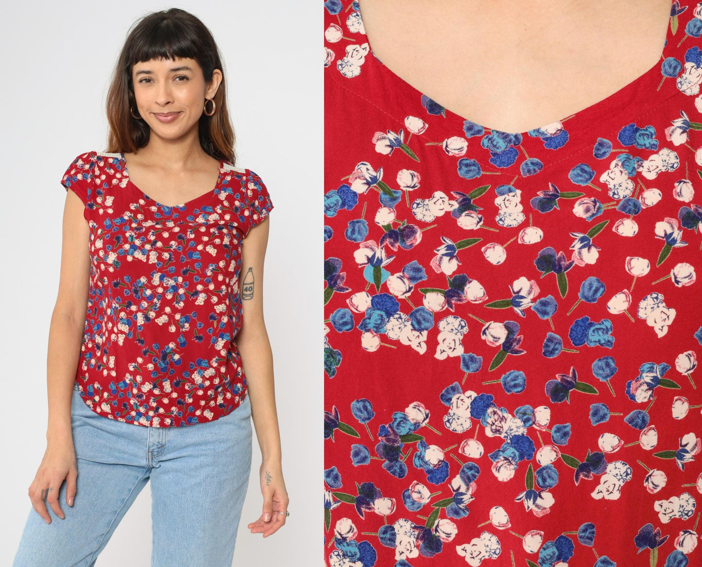 Y2K Red Floral Blouse Lace Trim Puff Sleeve Scoop Neck Extra Small