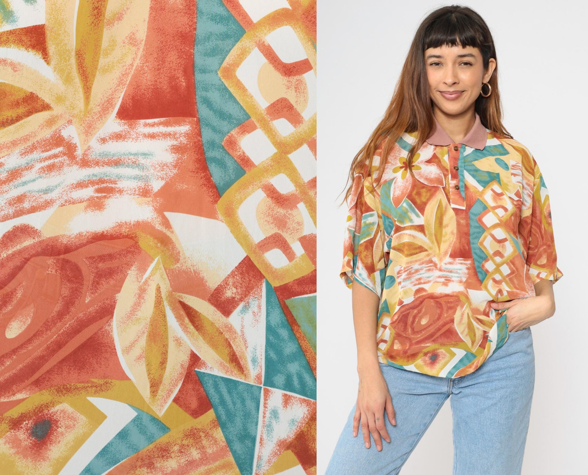 Y2K Tropical Floral Polo Shirt Multicolor Abstract Print Orange Large