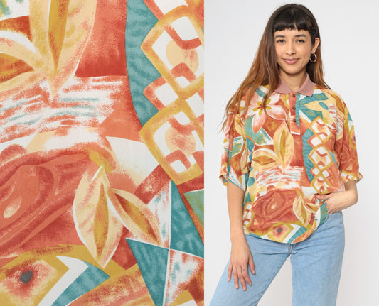 Y2K Tropical Floral Polo Shirt Multicolor Abstract Print Orange Large