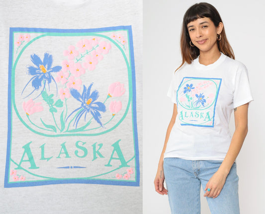 90s Screen Stars Alaska Floral Graphic T-Shirt White Single Stitch Small
