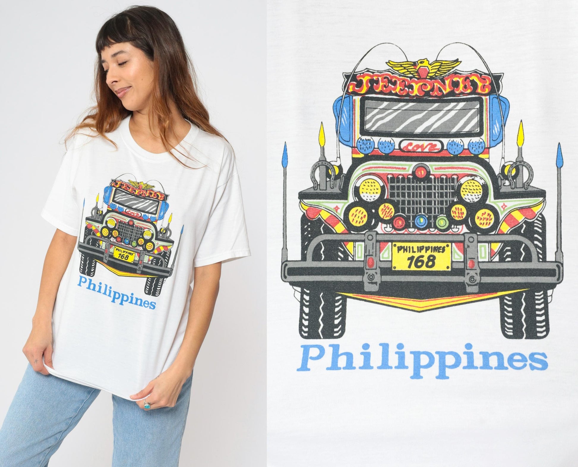 Philippines Jeepney Graphic T-Shirt White Crew Neck Travel Souvenir Large L