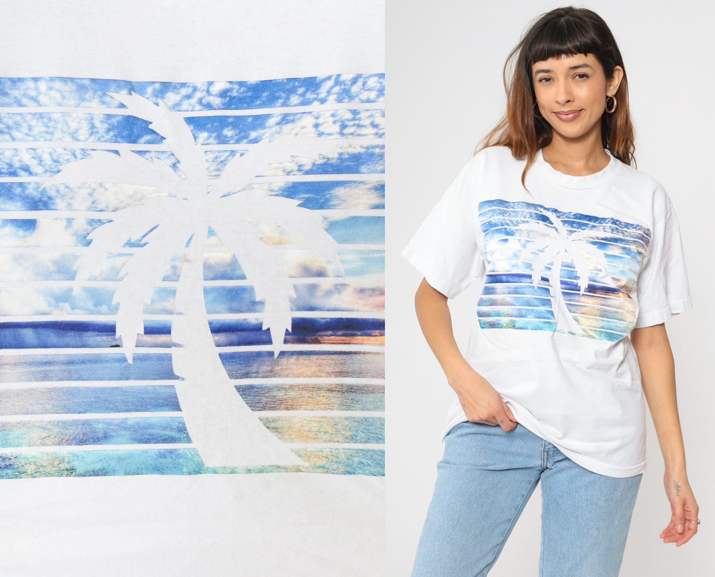 90s Palm Tree Sunset Graphic T-Shirt White Cotton Crew Neck Large L