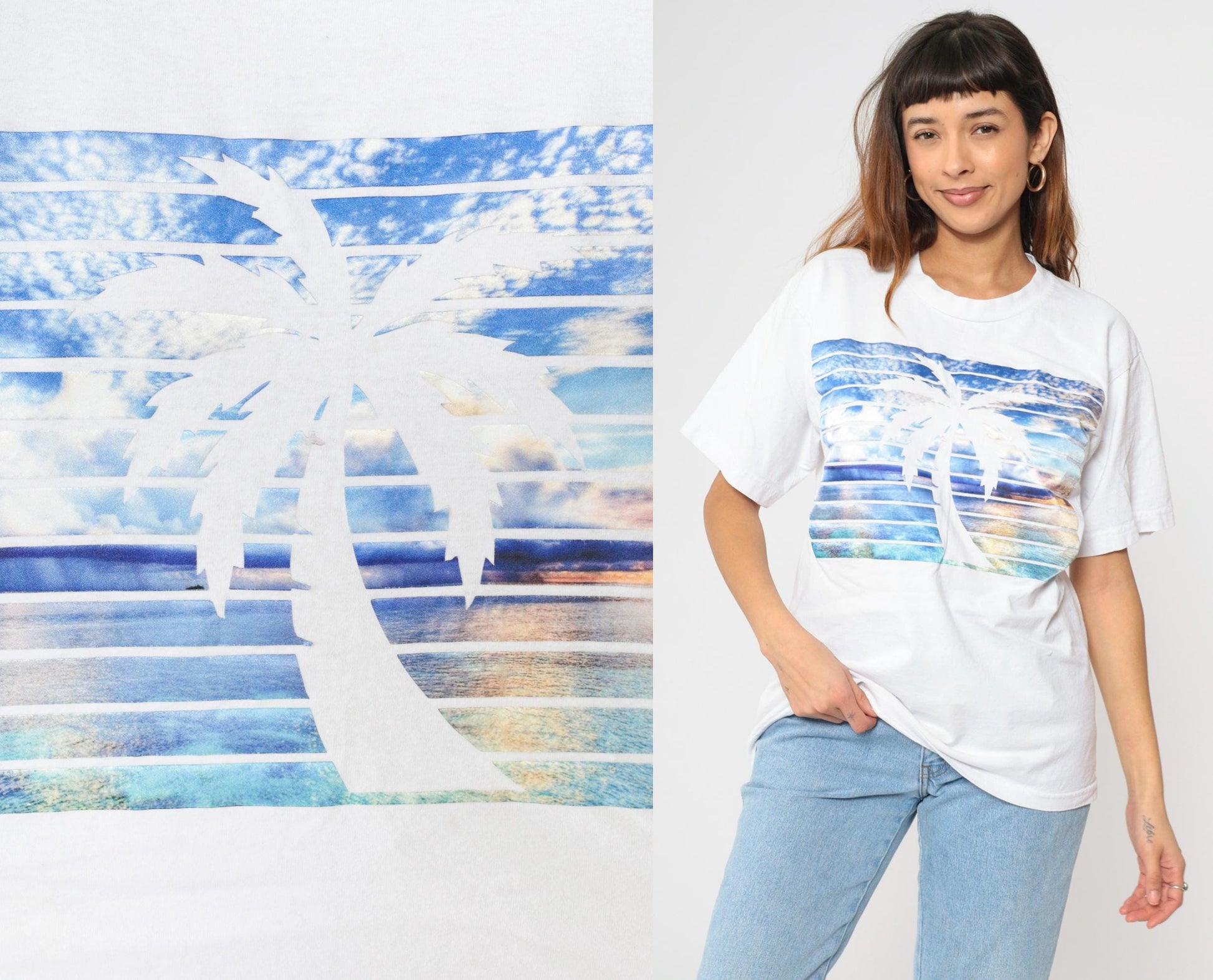 90s Palm Tree Sunset Graphic T-Shirt White Cotton Crew Neck Large L
