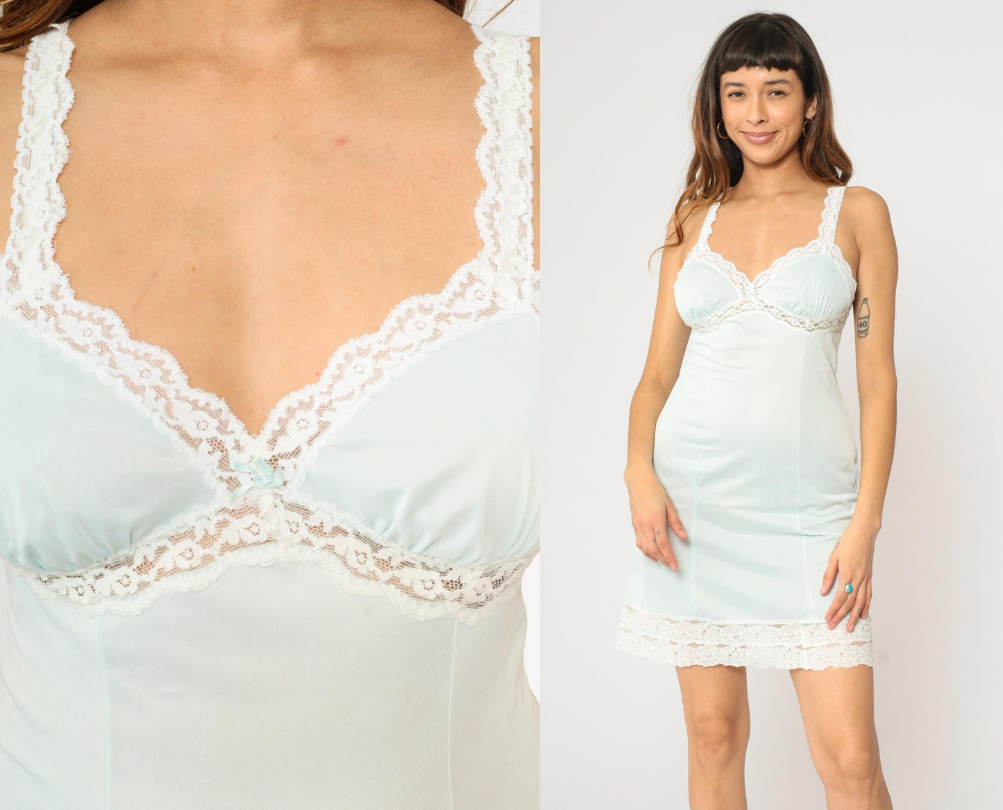 70s Olga Pastel Blue Lace Slip Dress Empire Waist Mini Small