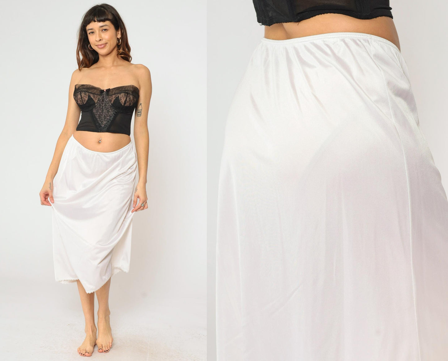80s Warner's White Nylon Slip Skirt Scalloped Lace Midi Extra Large