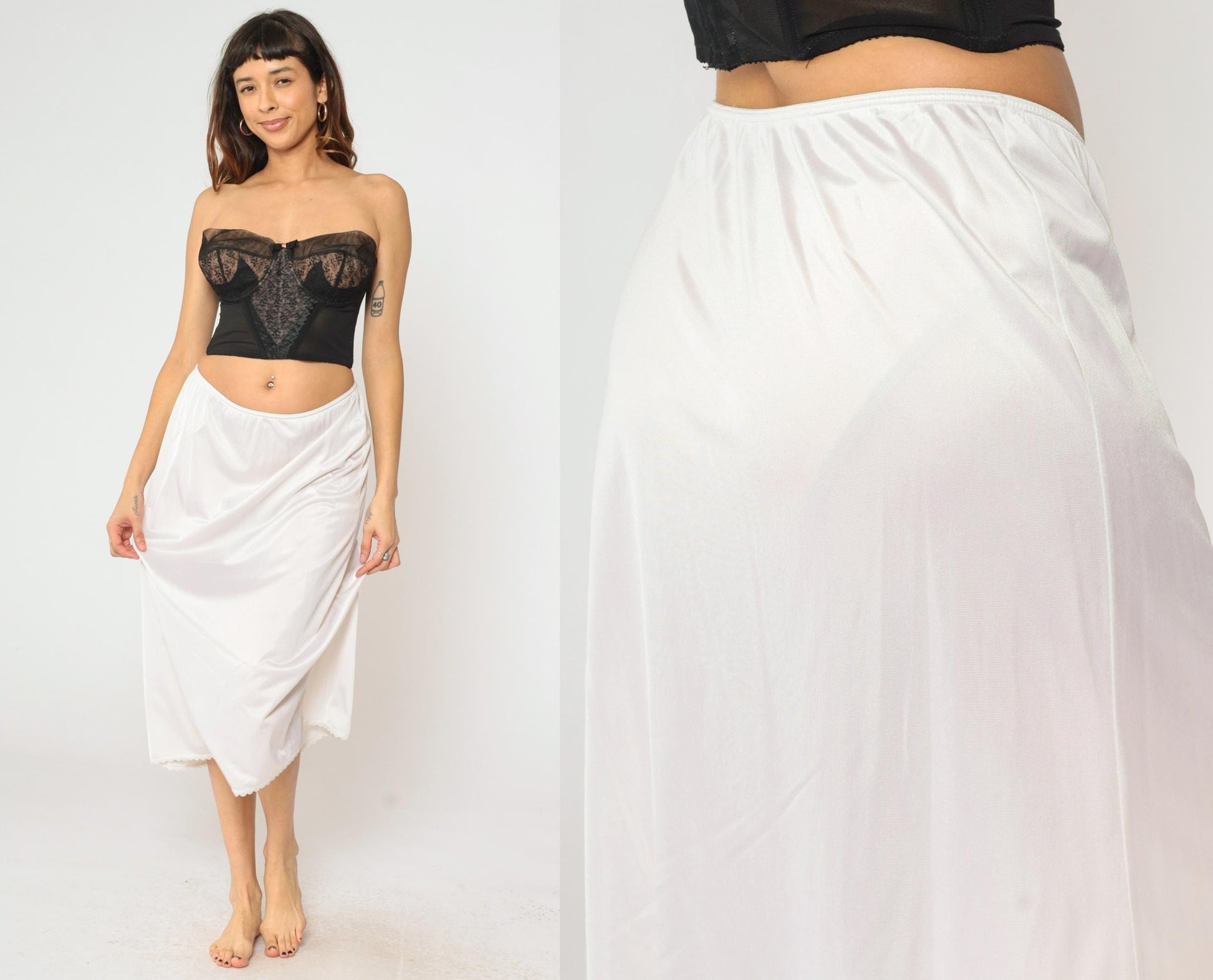 80s Warner's White Nylon Slip Skirt Scalloped Lace Midi Extra Large