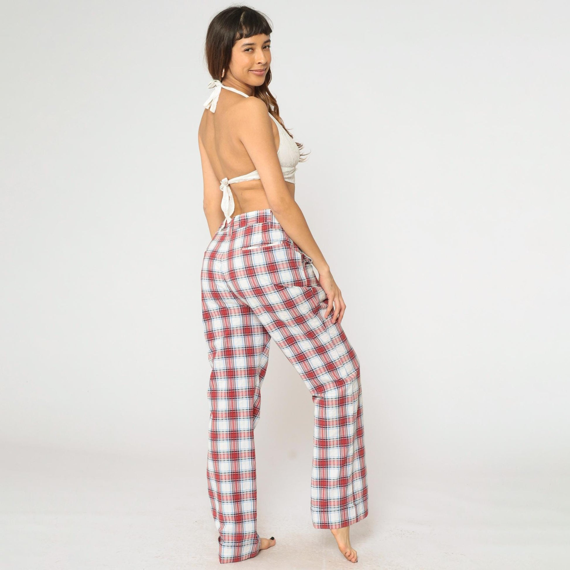 70s Haggar Plaid Trousers Red White Blue High Waisted Straight Leg Men's 34