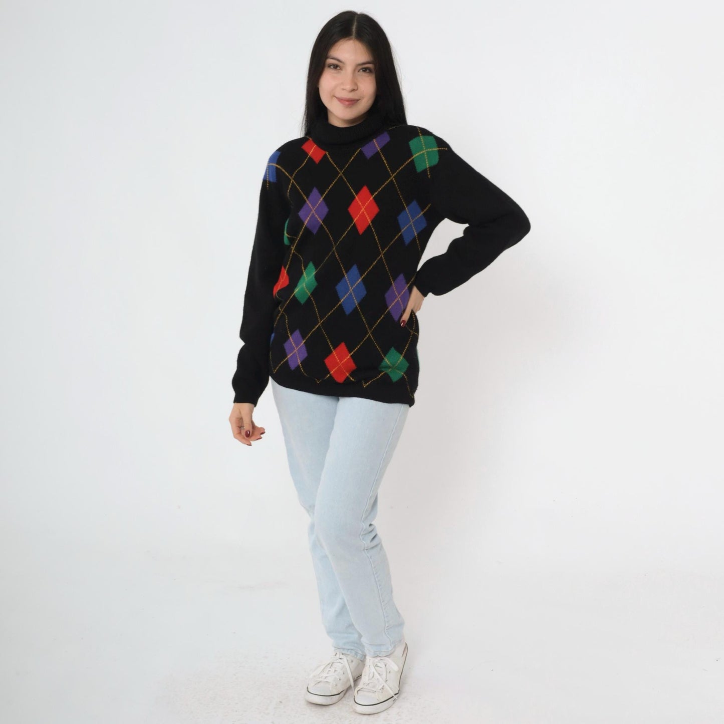 80s Wheeler & Martha Wool Argyle Sweater Black Mock Neck Medium
