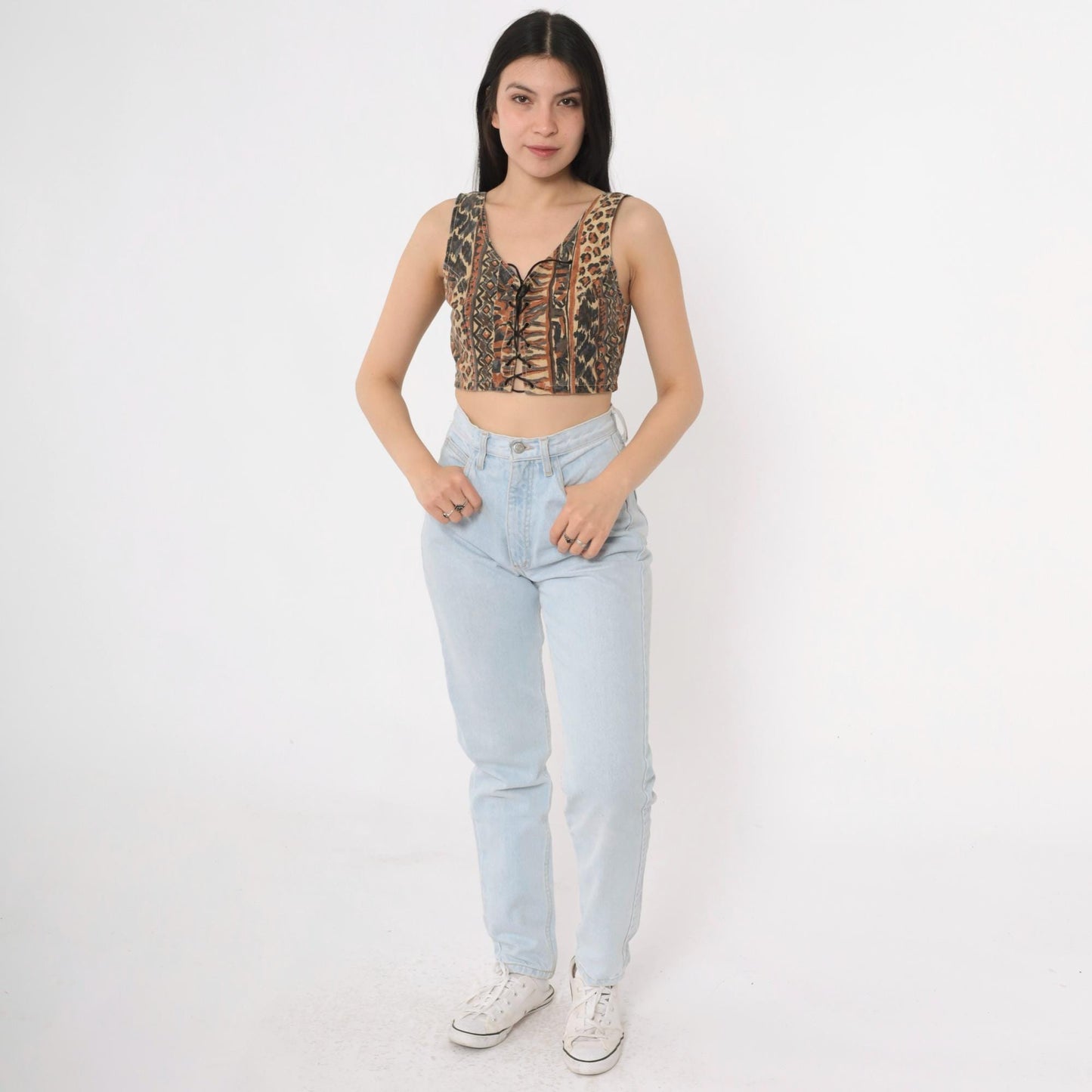 90s Leopard Geometric Print Crop Tank Lace-Up Front Small S