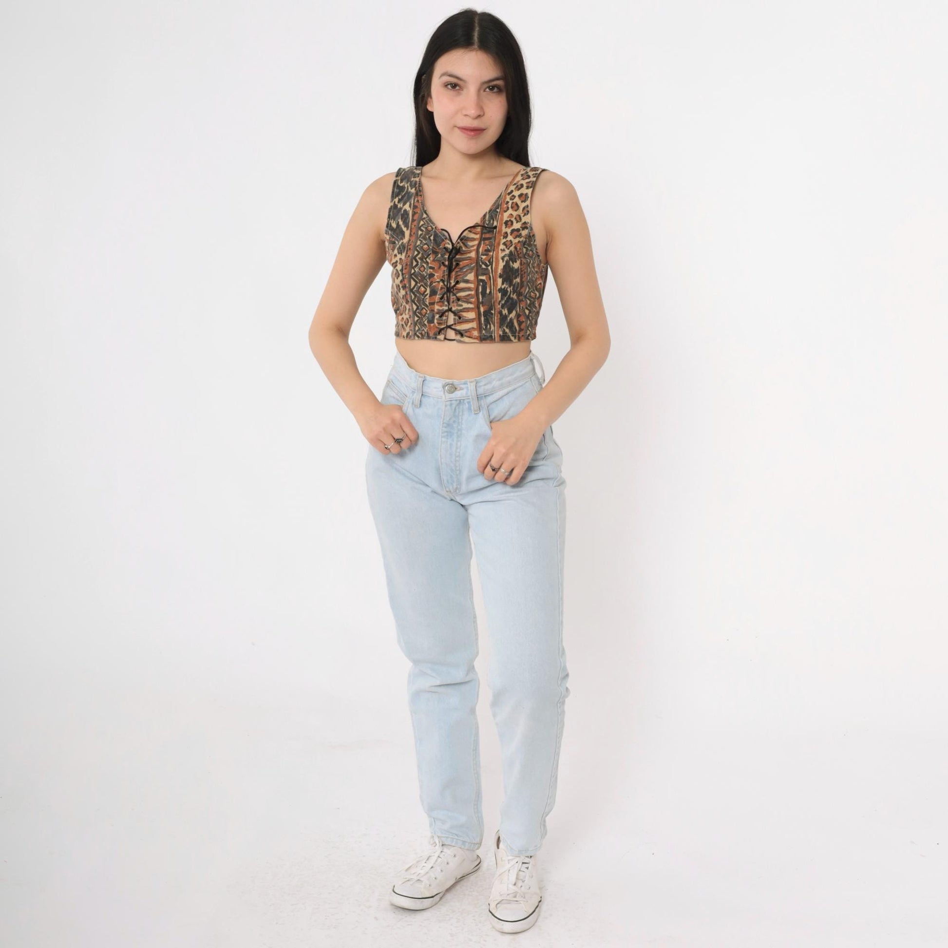 90s Leopard Geometric Print Crop Tank Lace-Up Front Small S