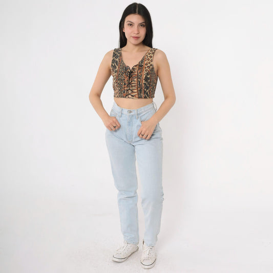 90s Leopard Geometric Print Crop Tank Lace-Up Front Small S