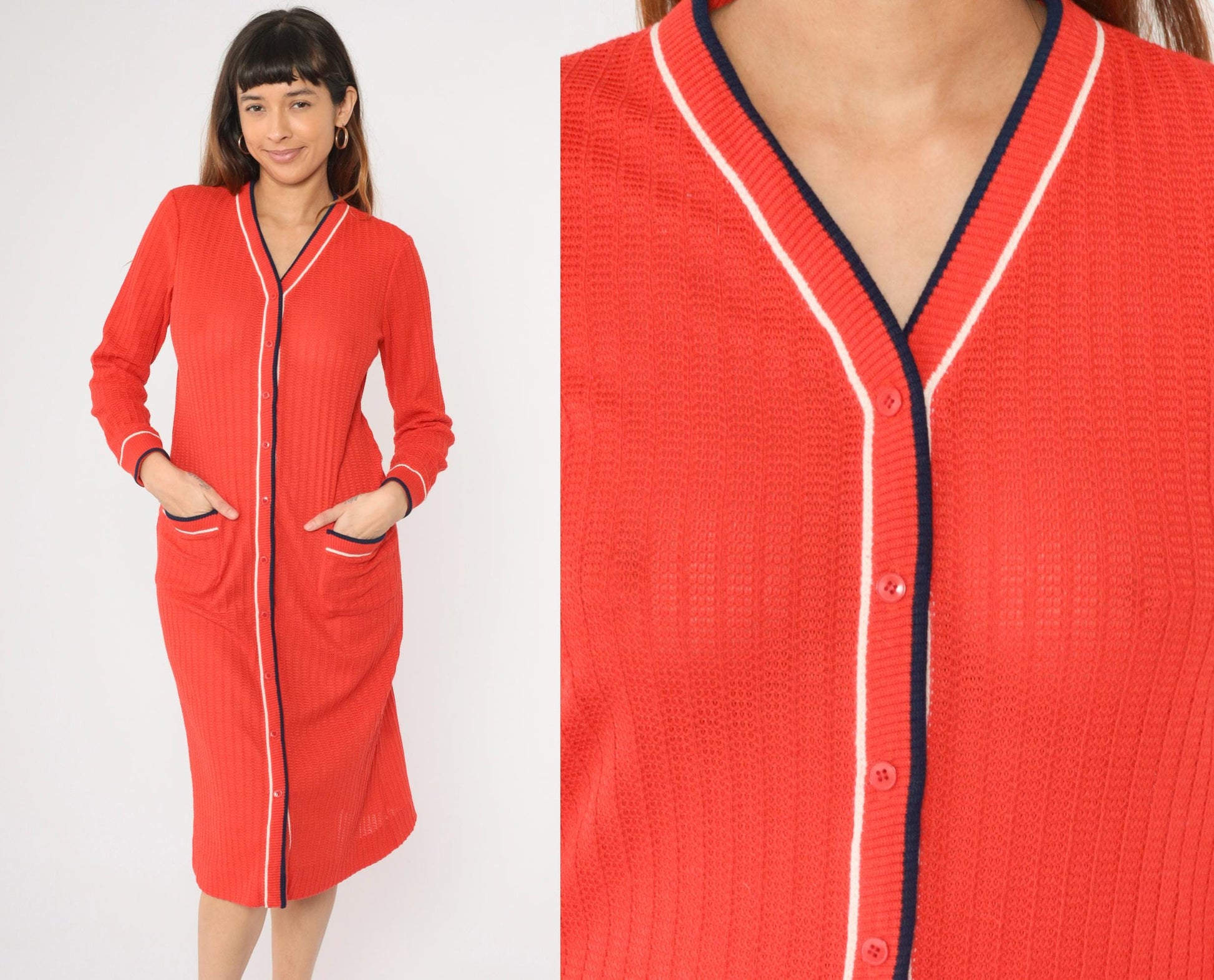 70s Red Knit Sweater Dress Striped Trim Button Front Midi Medium