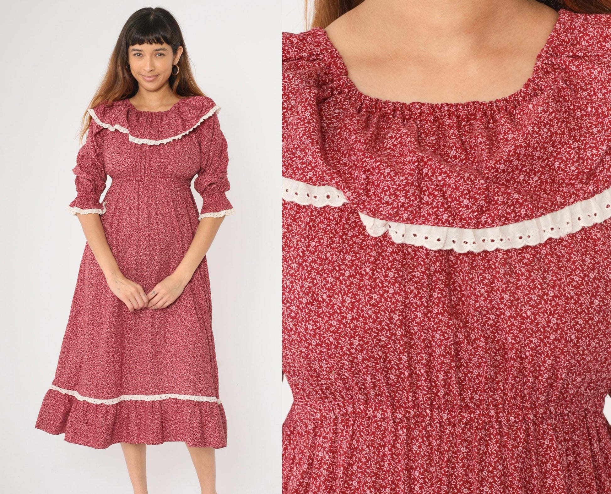 70s Burgundy Calico Floral Peasant Dress Empire Waist Midi Lace Small