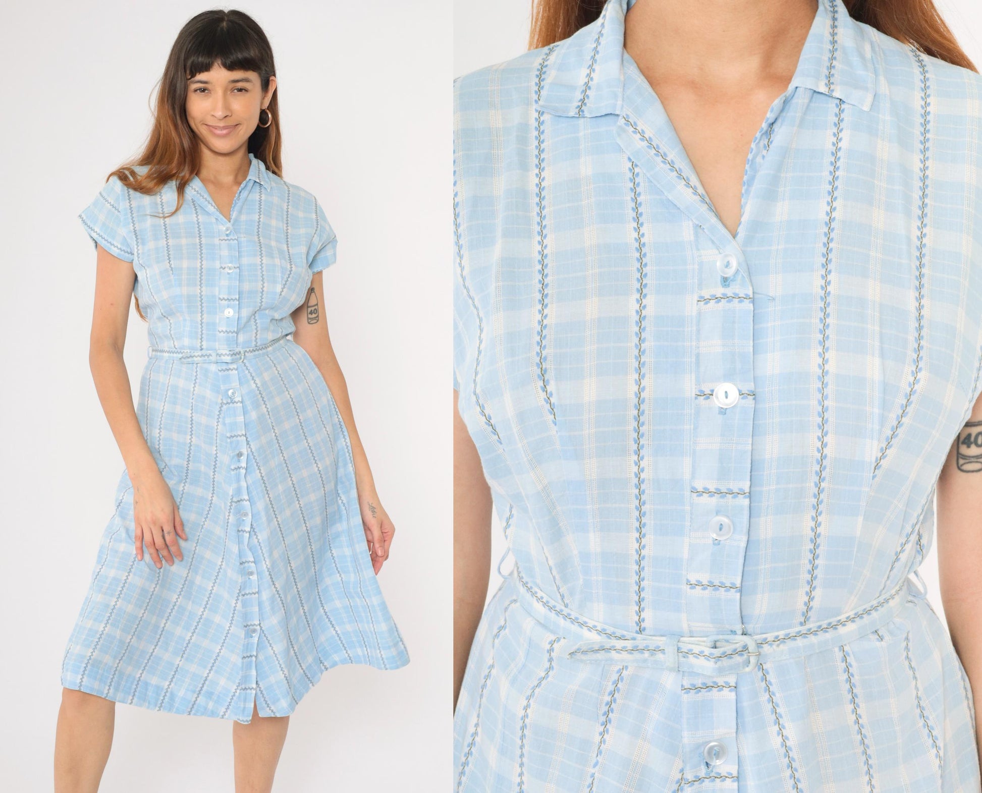 60s Brentwood Frocks Light Blue Plaid Shirtdress High Waist Button Front Small