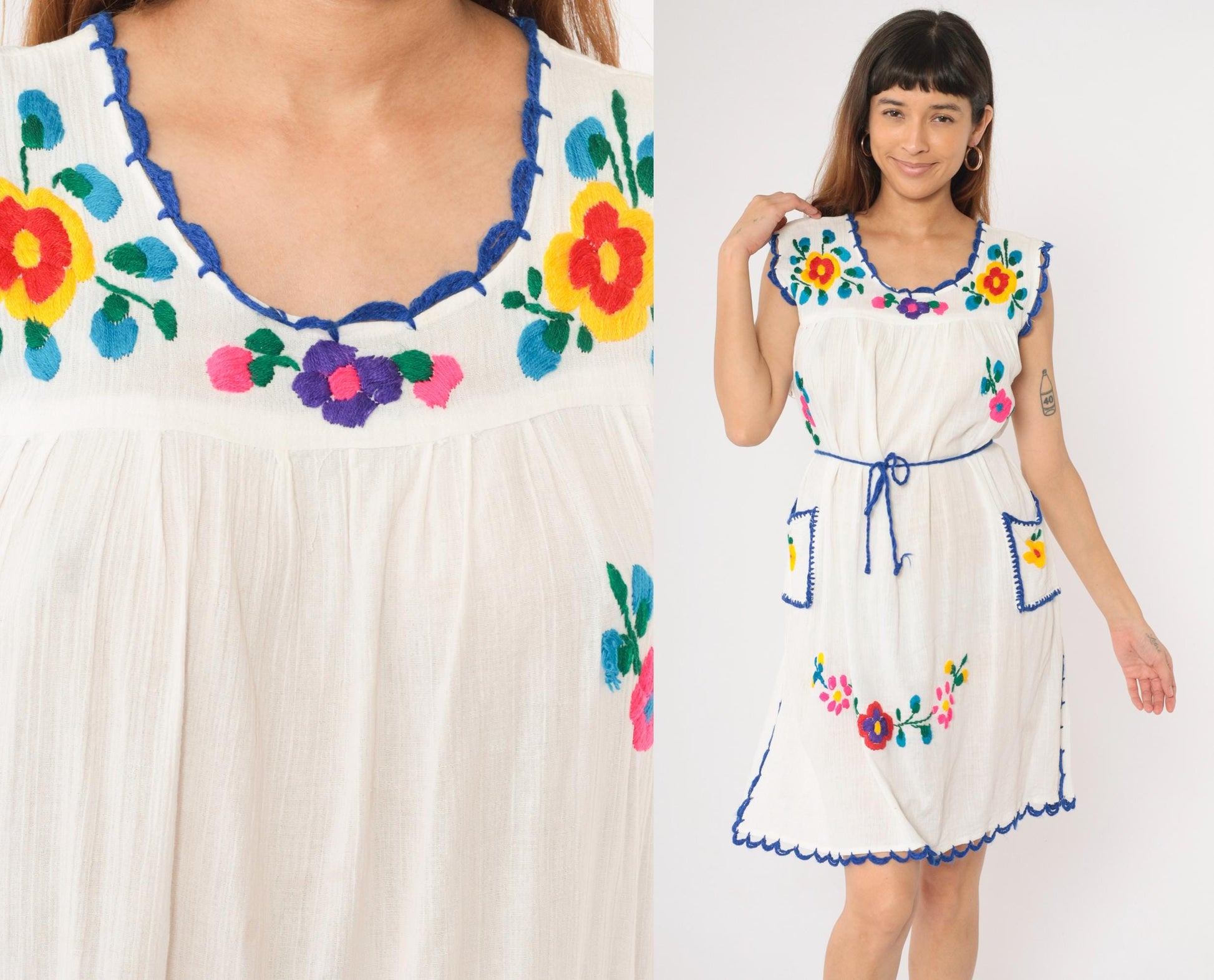 90s Mexican Embroidered White Cotton Gauze Mini Dress Floral Scallop Trim Medium M