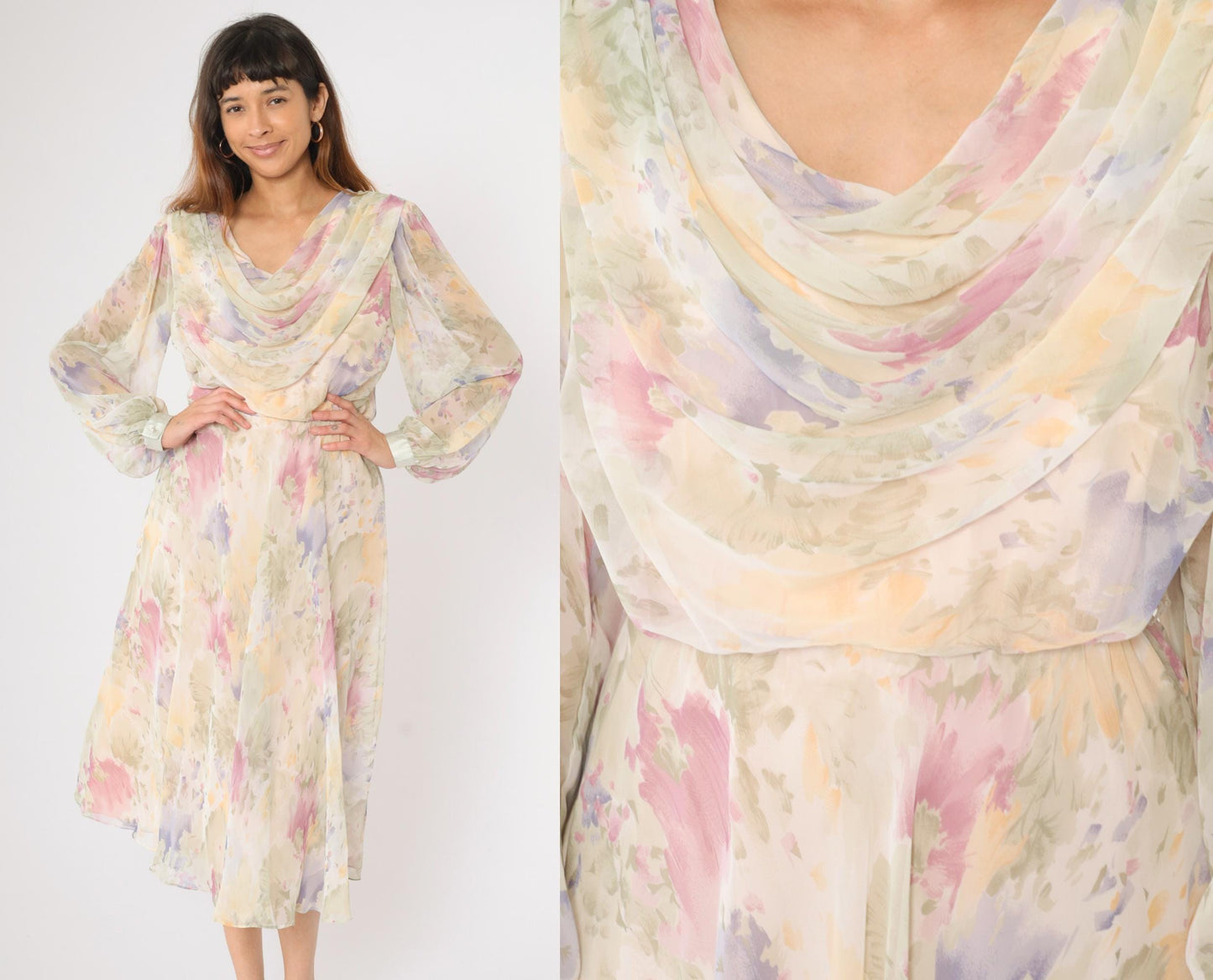 80s Ursula Pastel Watercolor Floral Chiffon Midi Dress Cowl Neck Medium