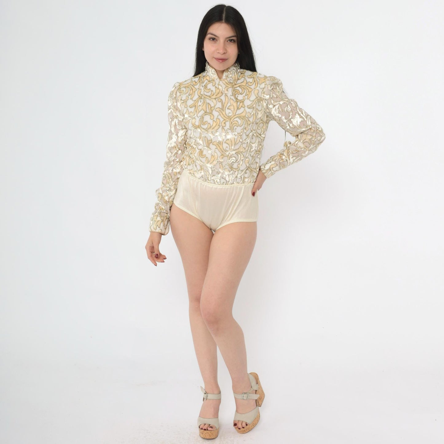 80s Metallic Velvet Burnout Bodysuit Ivory Gold Mandarin Collar Long Sleeve Extra Small