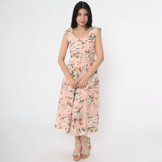 80s Pink Floral Midi Shirtdress Basque Waist Cap Sleeve Button Front Medium