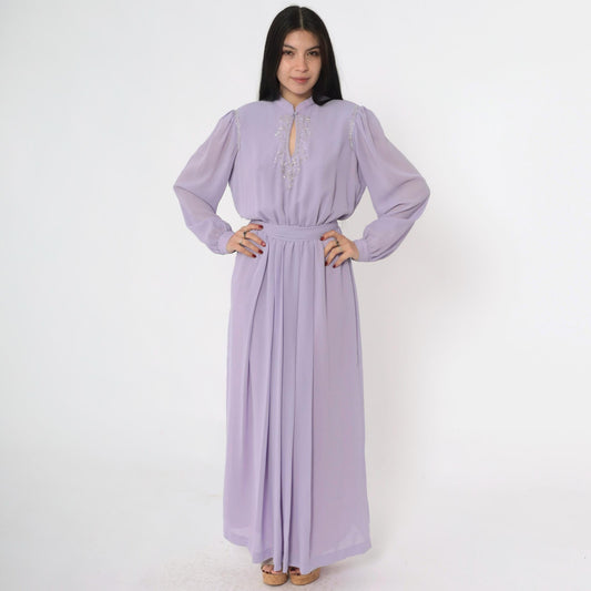 80s Lavender Chiffon Maxi Dress Beaded Sequin Puff Sleeve Mandarin Collar Medium M