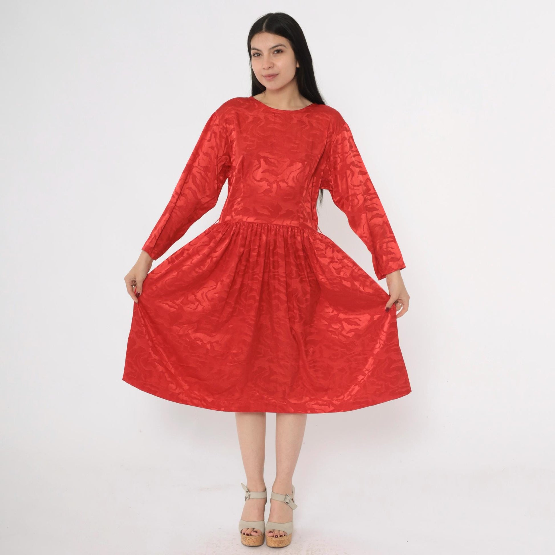 80s Apostrophe Red Jacquard Midi Dress Scoop Back Long Sleeve Medium M