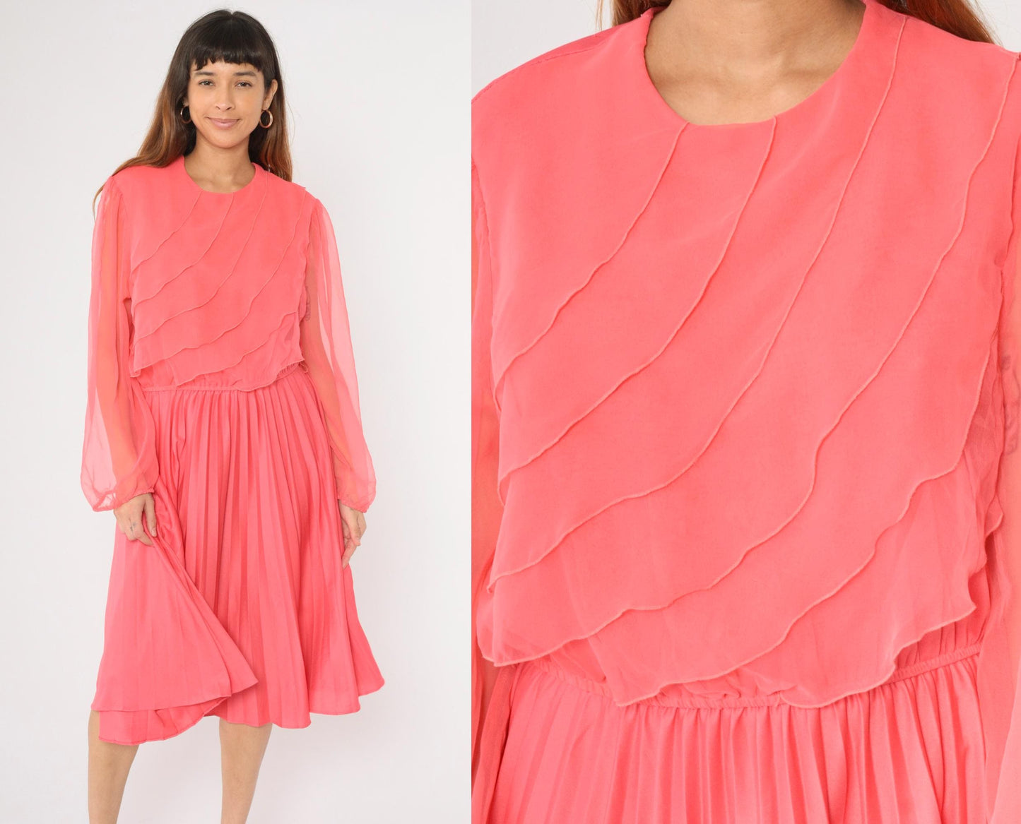 80s Coral Pink Chiffon Midi Dress Puff Sleeves Ruffled Bodice Large L