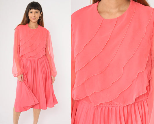 80s Coral Pink Chiffon Midi Dress Puff Sleeves Ruffled Bodice Large L