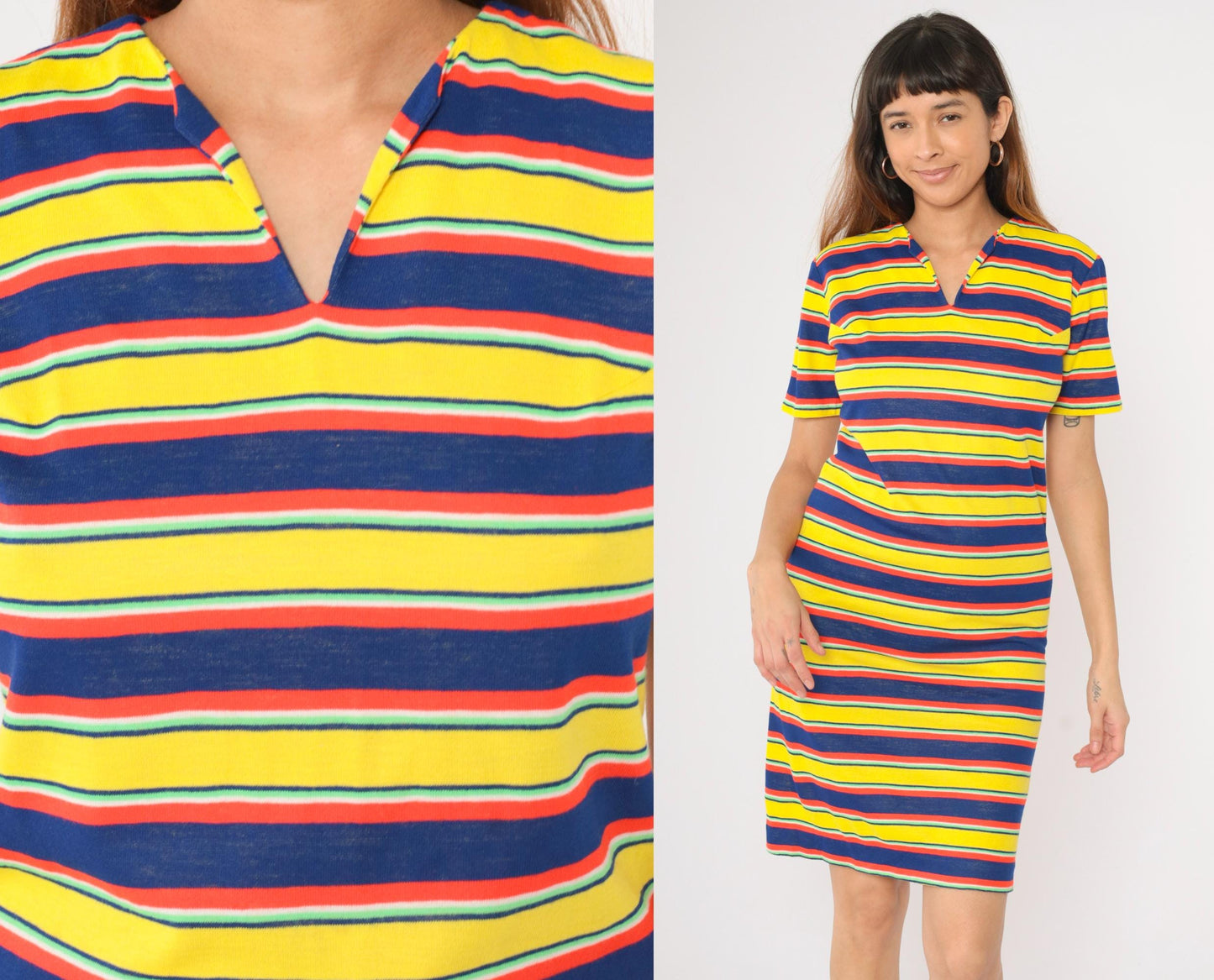 70s Striped Knit Mini Dress Yellow Navy Red Notched Neck Small Medium