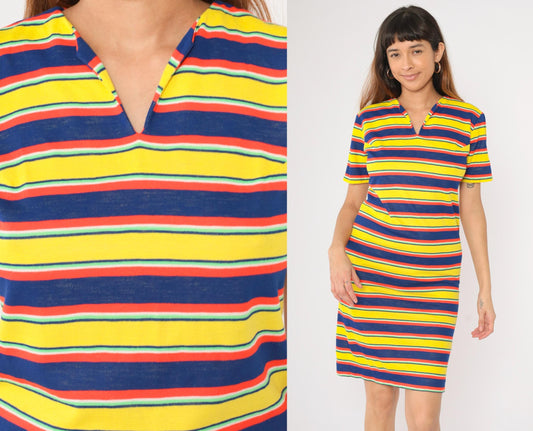 70s Striped Knit Mini Dress Yellow Navy Red Notched Neck Small Medium