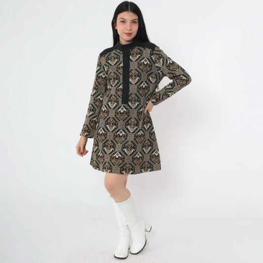 70s Mod Shift Dress Geometric Print Mock Neck Mini Black Brown Medium