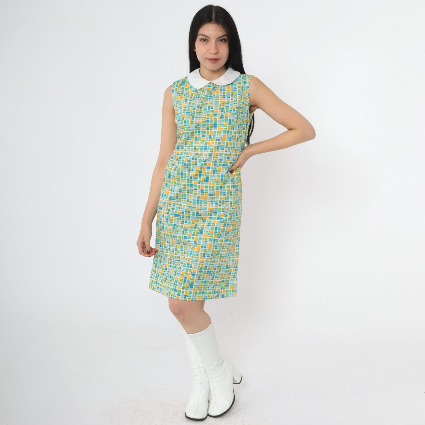 60s Mod Geometric Mini Dress Peter Pan Collar Sleeveless Green Blue Small