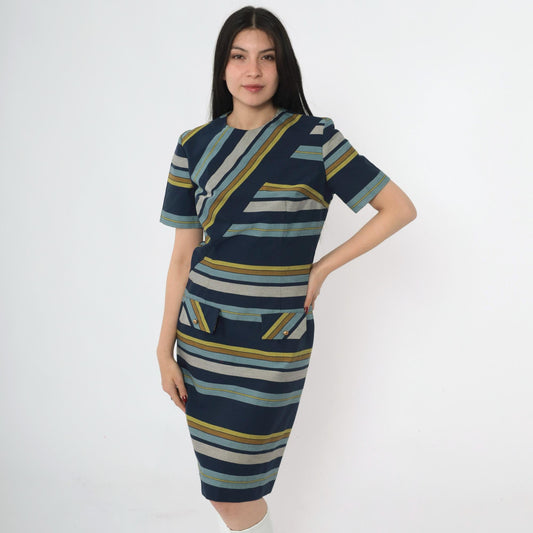 60s Striped Shift Dress Navy Blue Green Grey Mod Crew Neck Small S