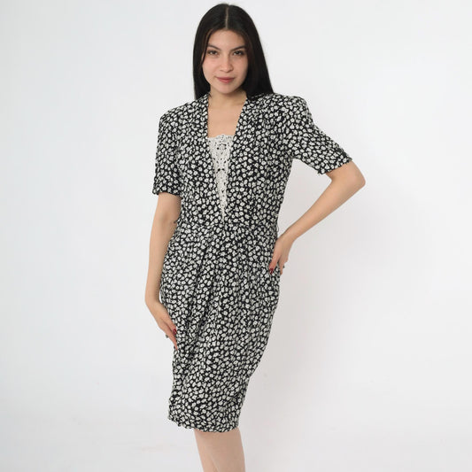 90s Karin Stevens Black Floral Midi Dress Puff Sleeve Lace V-Neck Small