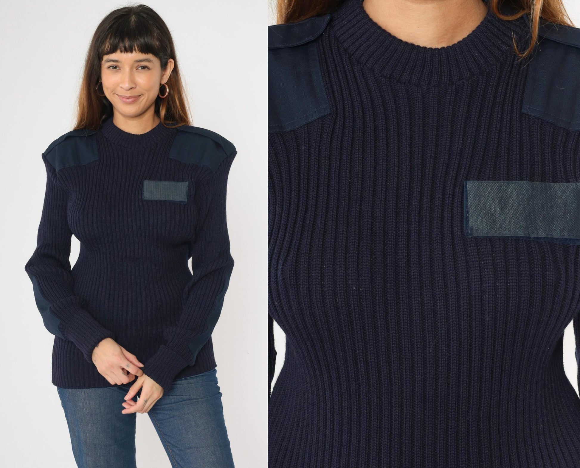 80s Imperial Knitting Co Military Wool Sweater Navy Epaulettes Large