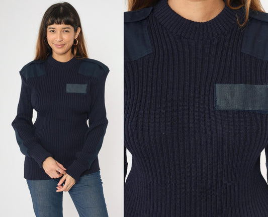 80s Imperial Knitting Co Military Wool Sweater Navy Epaulettes Large