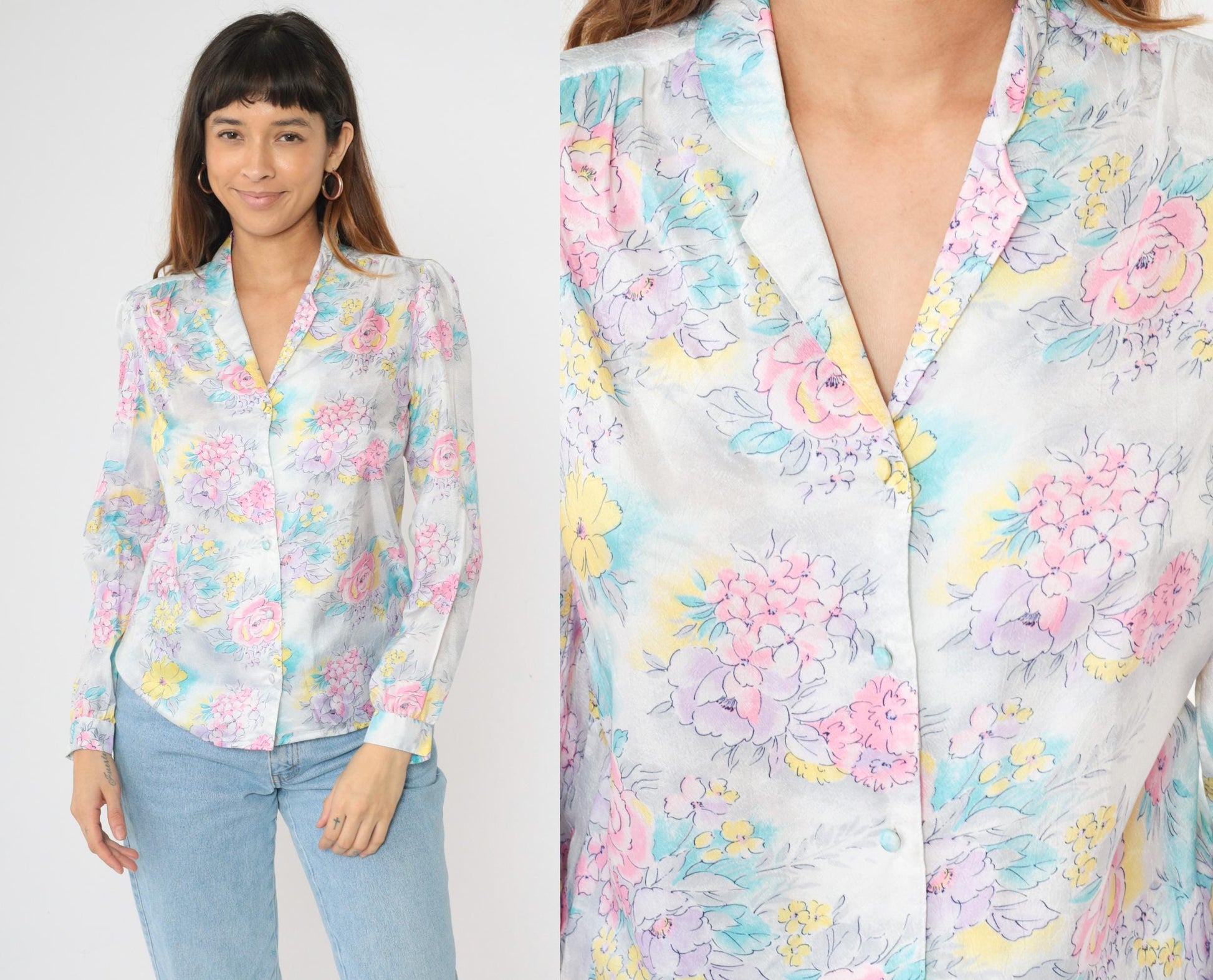 80s Pastel Floral Puff Sleeve Button Up Blouse Pink Lavender Blue Medium