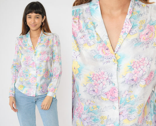 80s Pastel Floral Puff Sleeve Button Up Blouse Pink Lavender Blue Medium