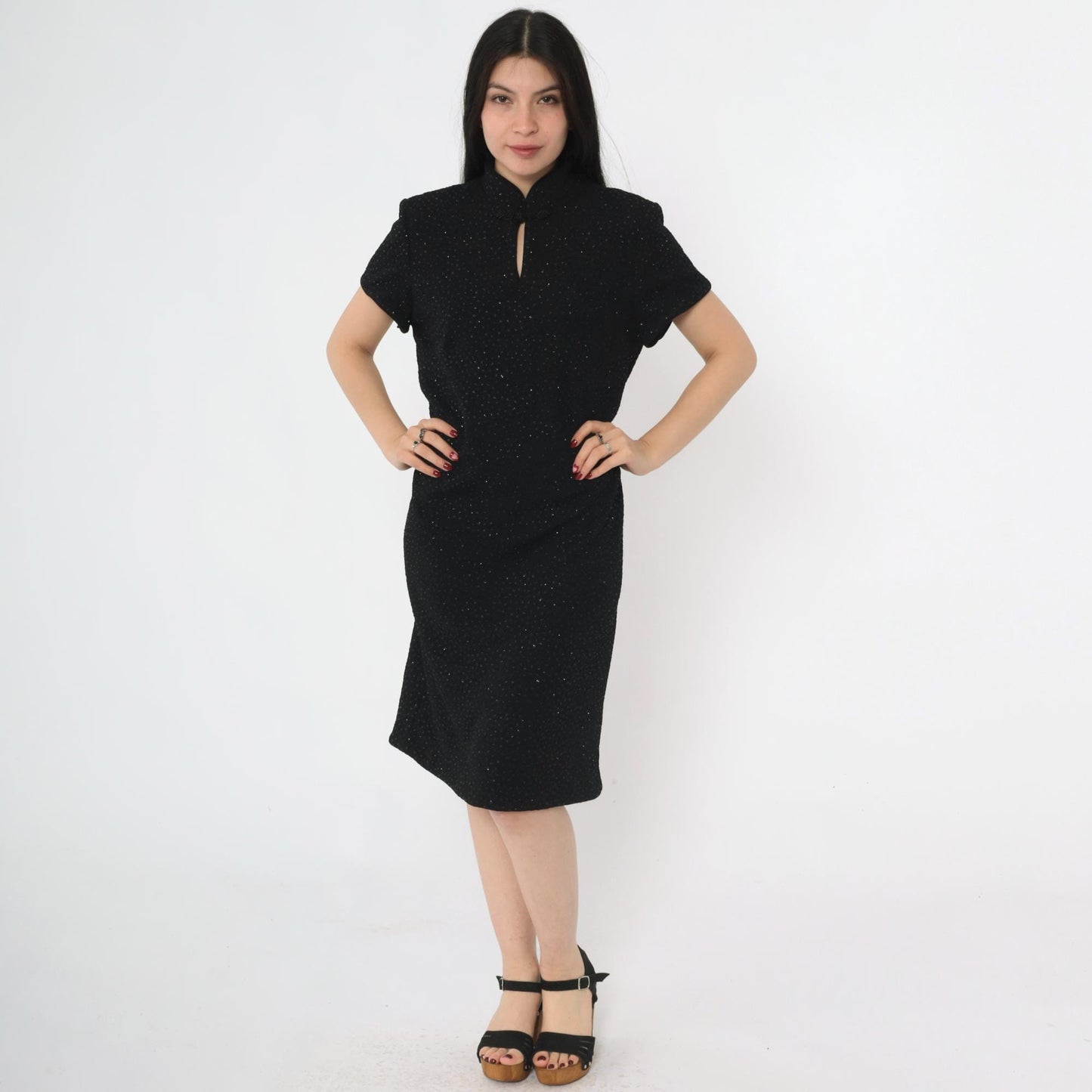 90s Black Glitter Cheongsam Midi Dress Keyhole Neck Short Sleeve Large