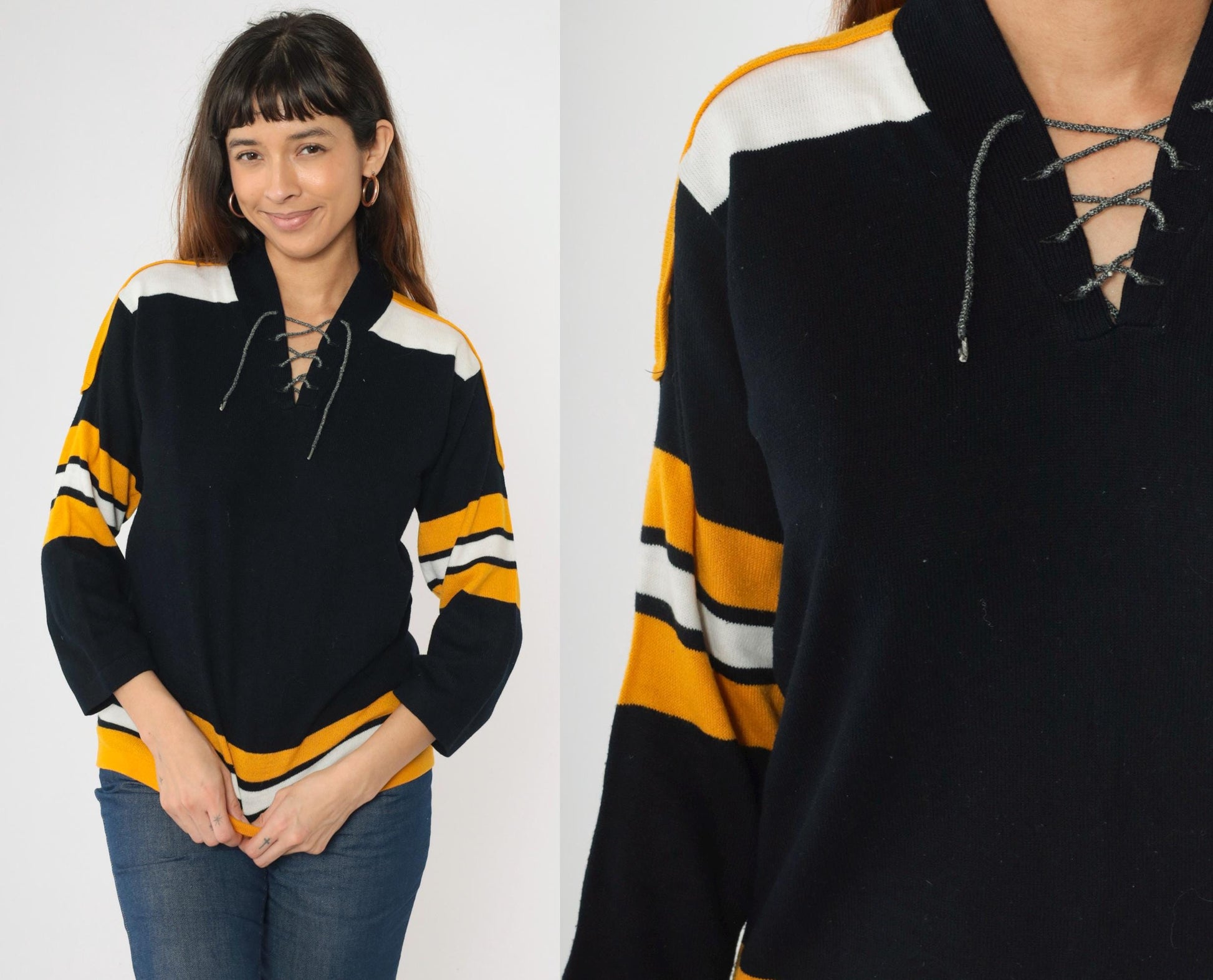70s Franklin Hockey Jersey Sweater Black Gold Striped Lace-Up Large L