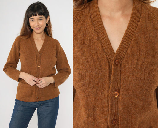 70s Flecked Brown Wool Cardigan V Neck Button Up Knit Sweater Small Medium