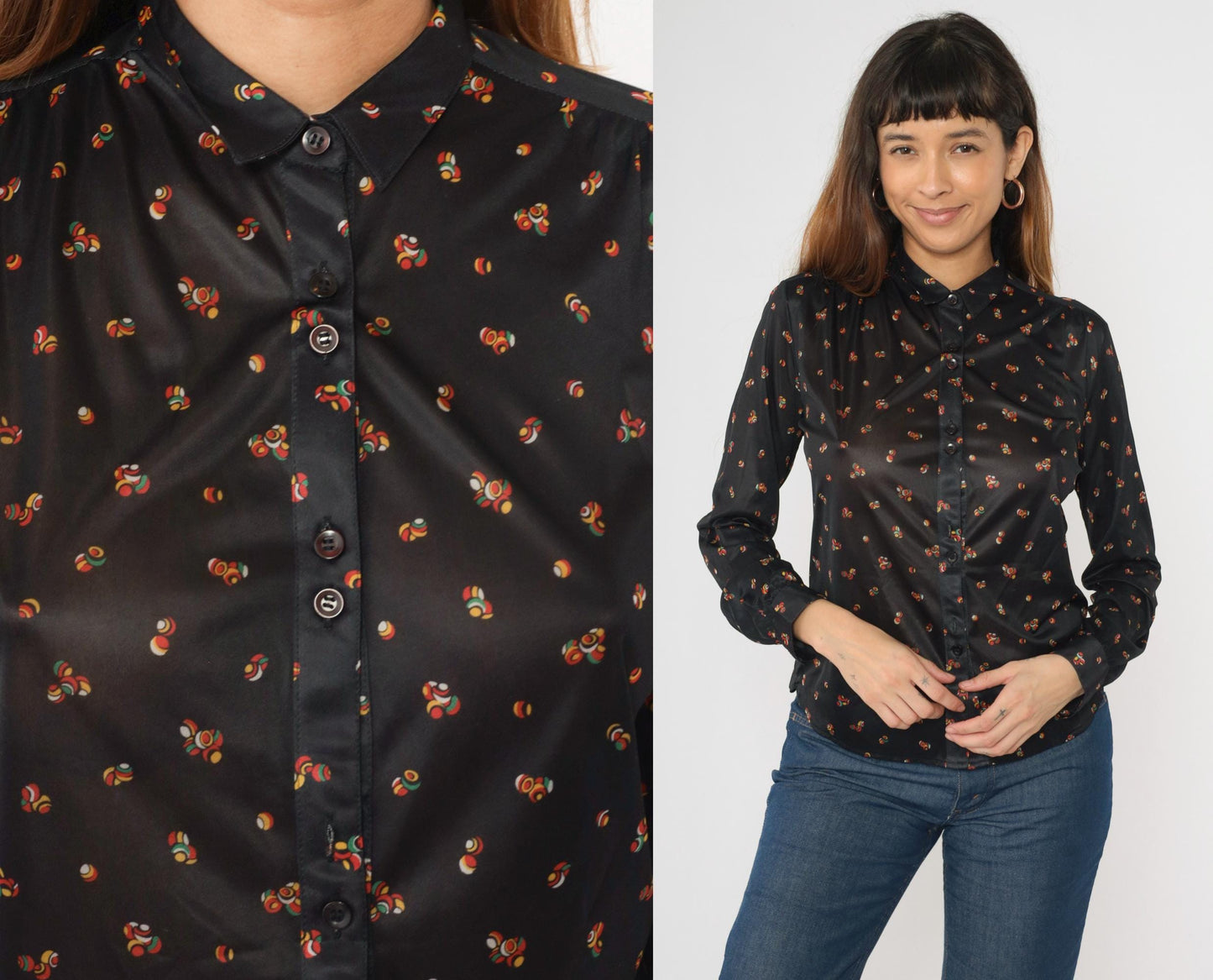 70s Black Abstract Sphere Print Button Down Blouse Long Sleeve Pointed Collar Medium