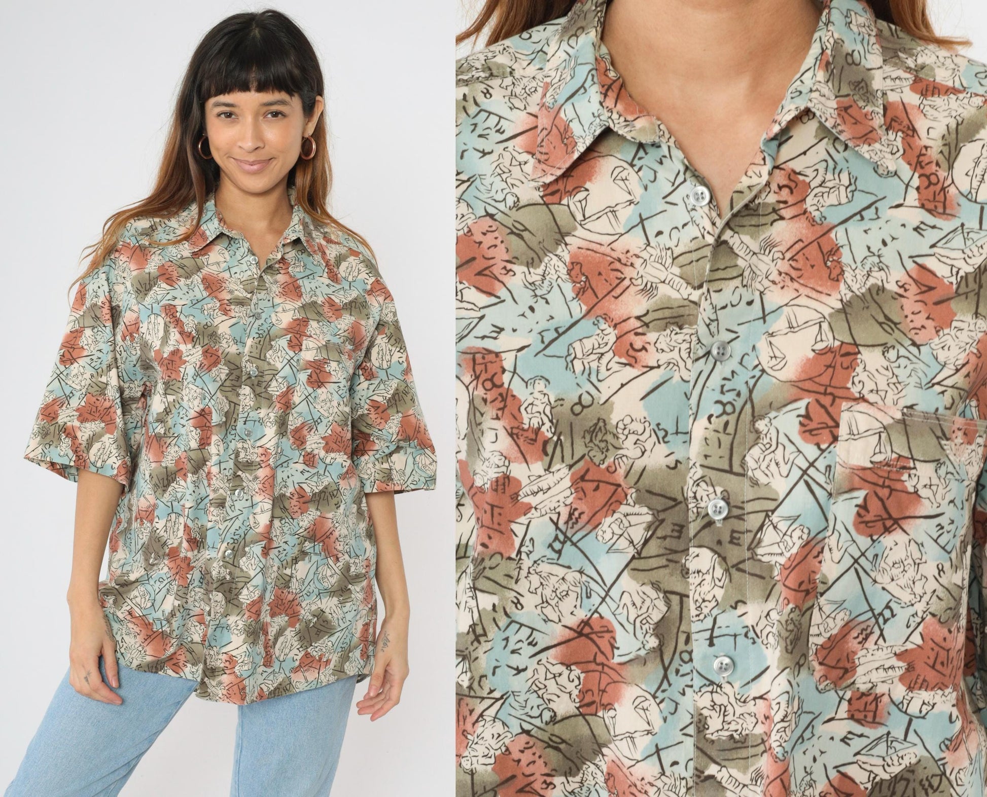 90s Dockers Zodiac Print Button Up Shirt Olive Green Blue Cotton Large L