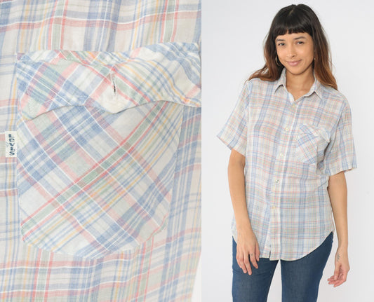 80s Levi's Plaid Button-Up Shirt White Blue Red Checkered Short Sleeve Medium